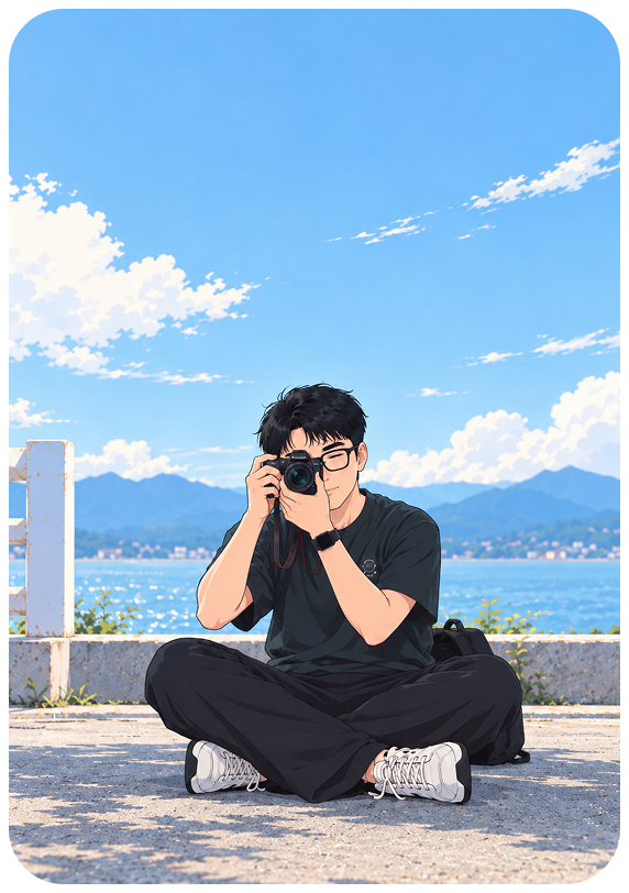 李万明手持相机的个人肖像插画